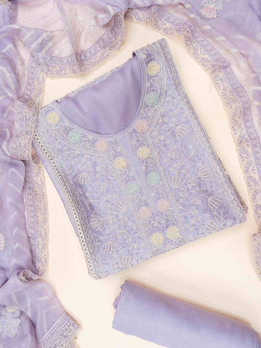 Mauve Swarovski, Zarkan & Threadwork Organza Unstitched Salwar Suit With Chiffon Dupatta