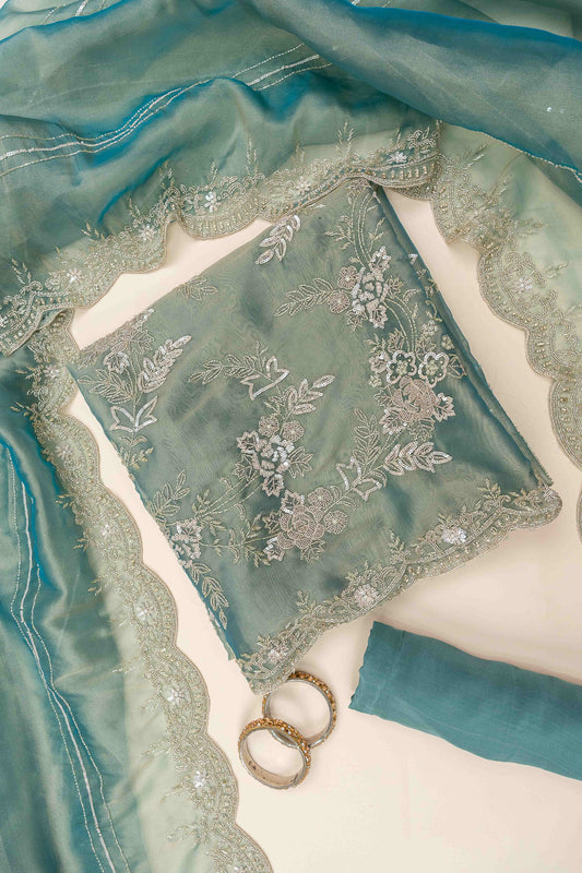 Mint Green Cutdana, Sequence, Swarovski, Zarkan & Zari Threadwork Organza Unstitched Salwar Suit With Organza Dupatta