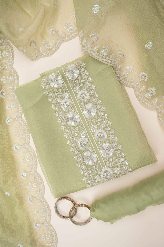 Pista Bead, Sequence & Zari Threadwork Organza Unstitched Salwar Suit With Organza Dupatta