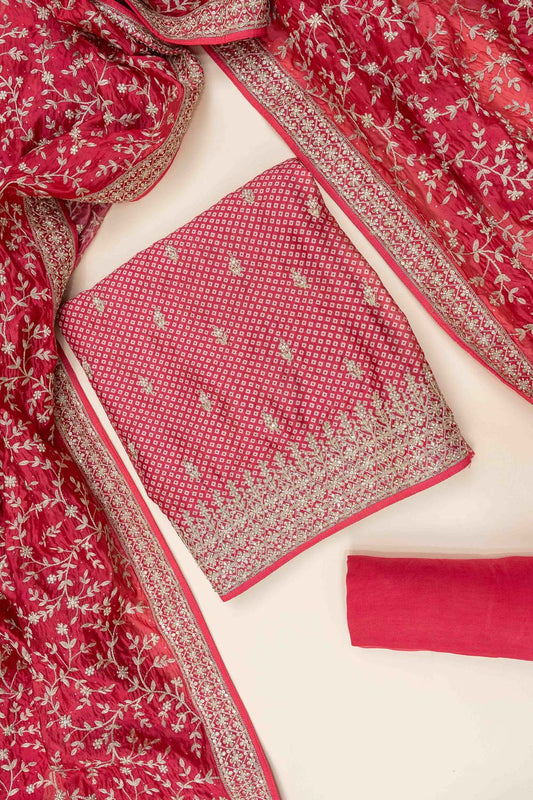 Gajari Sequence, Zarkan, Zari Threadwork & Bandhini printed Satin Unstitched Salwar Suit With Satin Dupatta