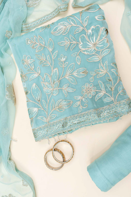 Tea Green Bead, Sequence & Zari Threadwork Organza Unstitched Salwar Suit With Chiffon Dupatta