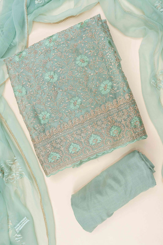 Pista Sequence, Swarovski, Zarkan & Threadwork Organza Unstitched Salwar Suit With Chiffon Dupatta
