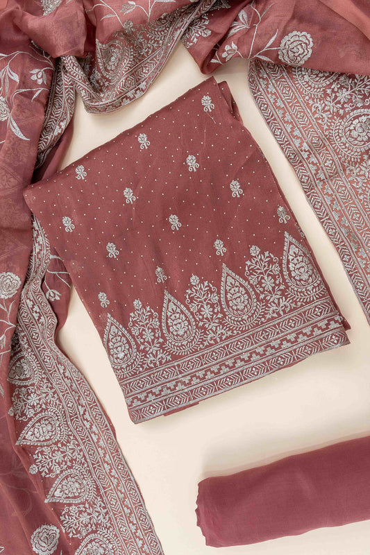Onion Sequence, Swarovski & Zari Threadwork Organza Unstitched Salwar Suit With Organza Dupatta