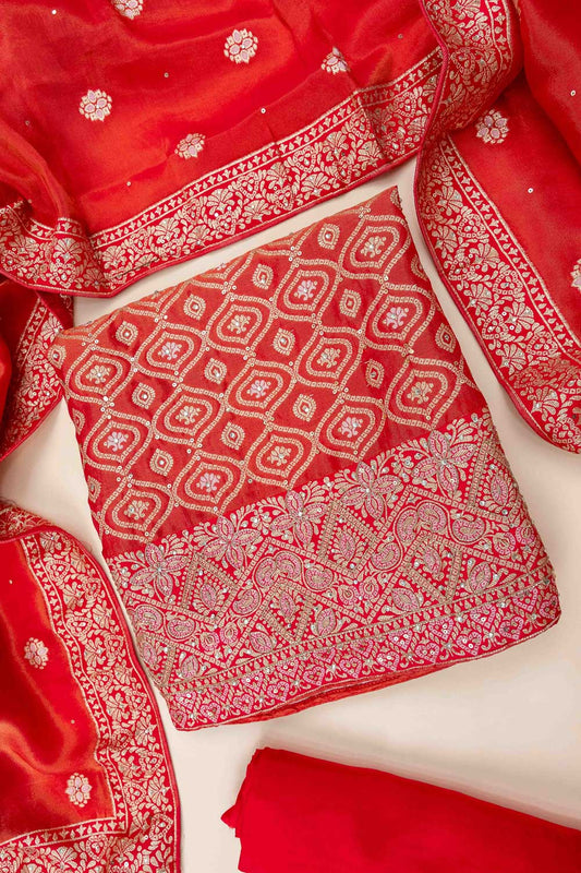 Red Cutdana, Dabka, Sequence, Swarovski & Woven Zari Organza Unstitched Salwar Suit With Organza Dupatta