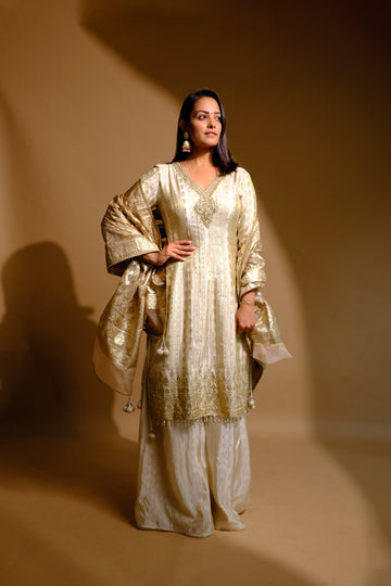 Cream Tissue Readymade Suit And Palazzo With Organza Dupatta