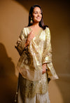 Cream Tissue Readymade Suit And Palazzo With Organza Dupatta