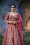 Coral Net Lehenga Set And Net Dupatta With Readymade Blouse