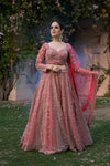 Coral Net Lehenga Set And Net Dupatta With Readymade Blouse