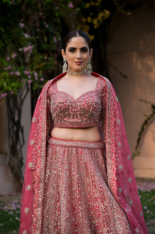 Coral Net Lehenga Set And Net Dupatta With Readymade Blouse