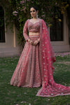 Coral Net Lehenga Set And Net Dupatta With Readymade Blouse
