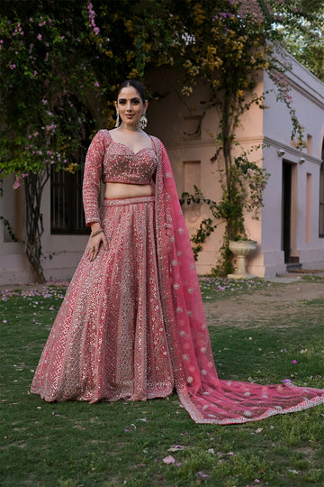 Coral Net Lehenga Set And Net Dupatta With Readymade Blouse