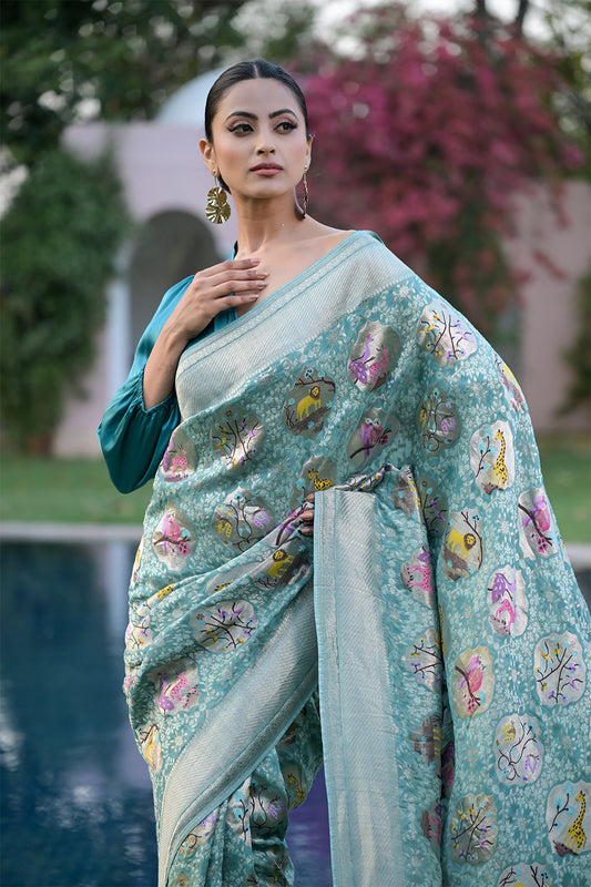 Mint Green Banarasi Woven Zari Georgette Saree With Unstitched Blouse