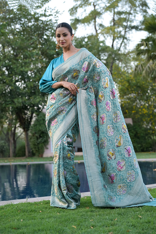 Mint Green Banarasi Woven Zari Georgette Saree With Unstitched Blouse