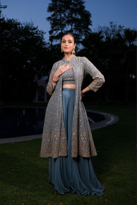 Grey Georgette Short Top Sharara Set With Shrug