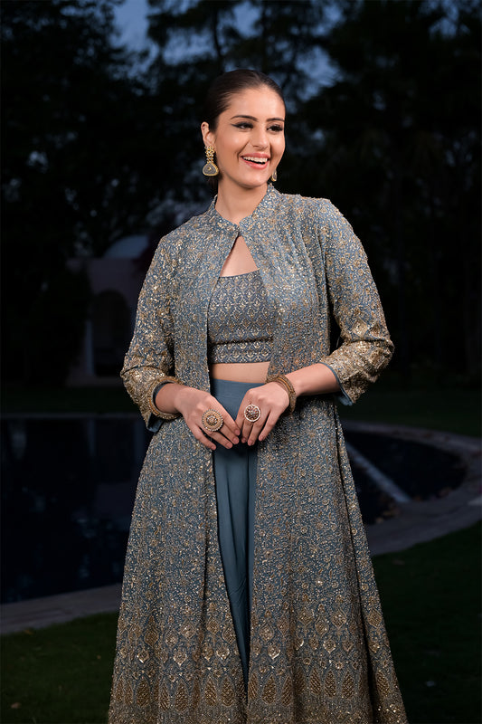 Grey Georgette Short Top Sharara Set With Shrug