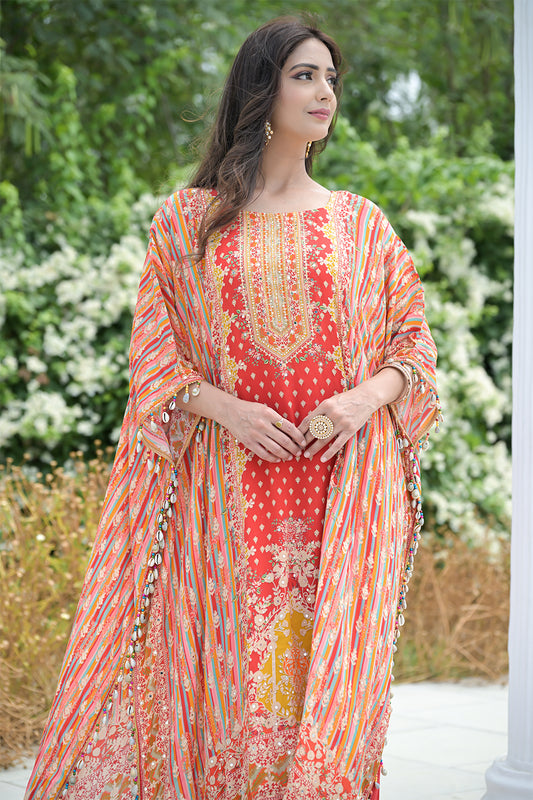 Red Gotta Patti, Mirror, Sequence & Digital Printed Crepe Readymade Suit With Pant