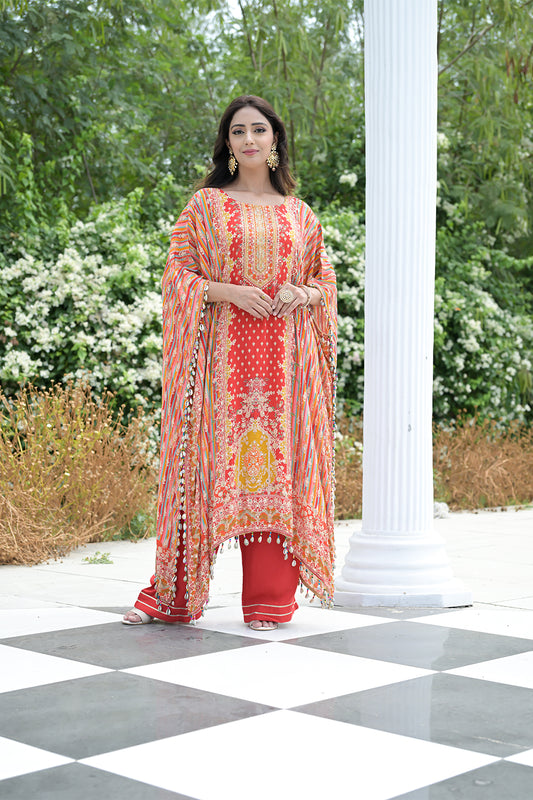Red Gotta Patti, Mirror, Sequence & Digital Printed Crepe Readymade Suit With Pant