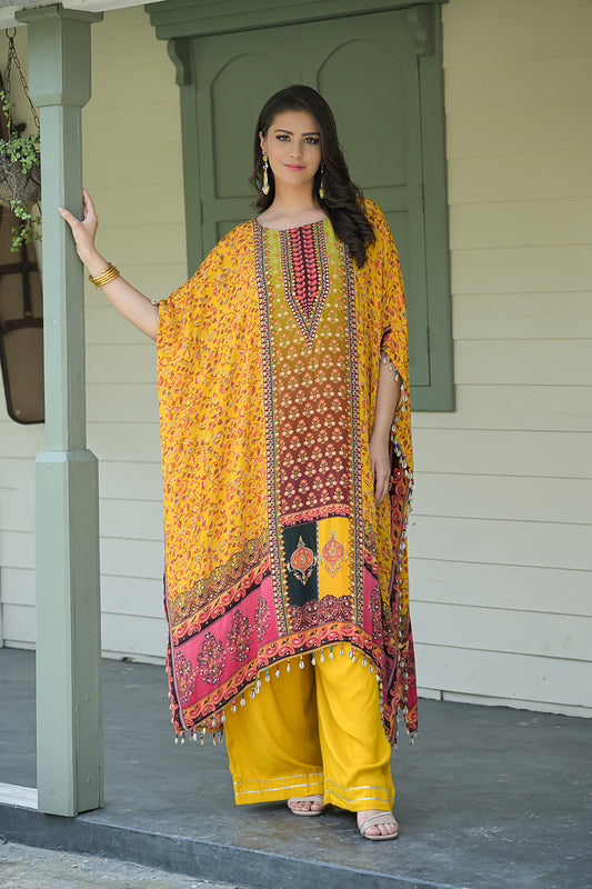 Mustard Gotta Patti, Mirror, Sequence & Digital Printed Crepe Readymade Suit With Pant