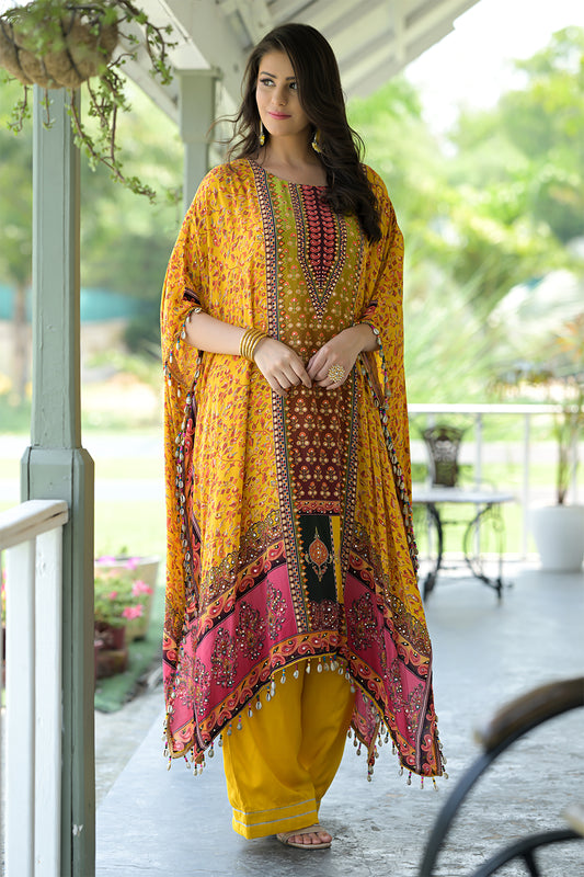 Mustard Gotta Patti, Mirror, Sequence & Digital Printed Crepe Readymade Suit With Pant