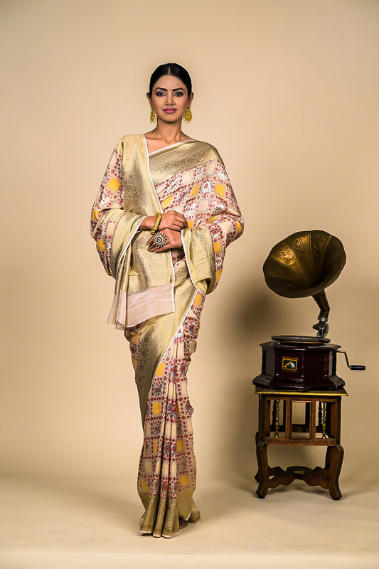 Cream Banarasi Woven Zari Saree With Unstitched Blouse