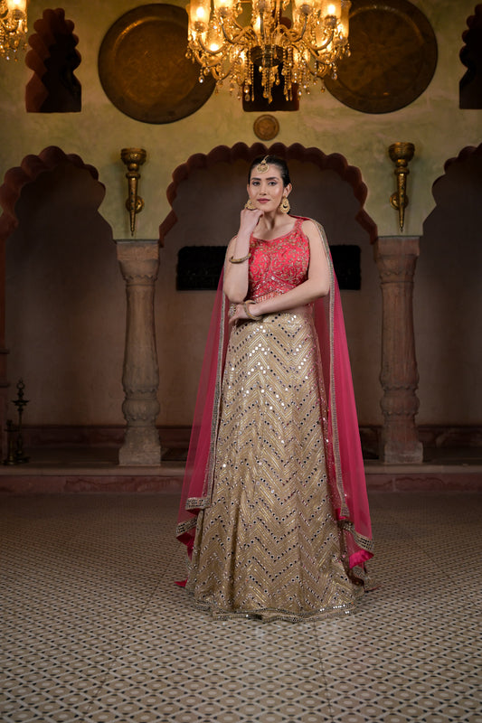 Tussar Cutdana, Sequence, Mirror Sheet & Zari Work Georgette Lehenga Set With Net Dupatta