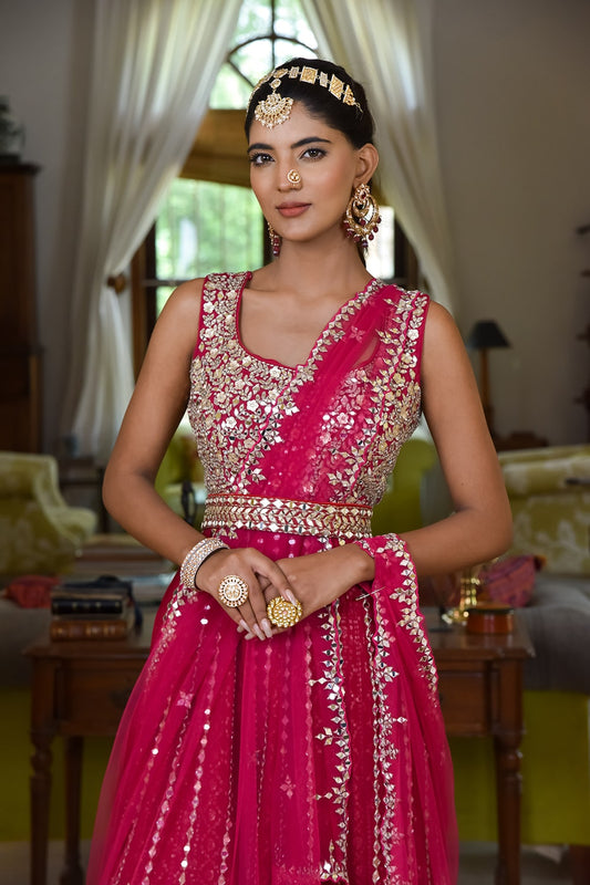Maroon Georgette Lehenga Set And Georgette Dupatta With Readymade Blouse