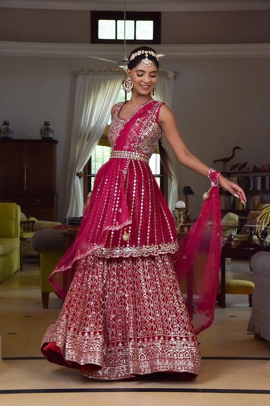Maroon Georgette Lehenga Set And Georgette Dupatta With Readymade Blouse