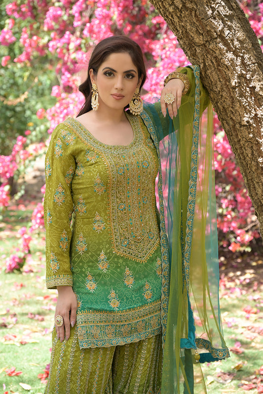 Pista Georgette Readymade Sharara Set With Net Dupatta