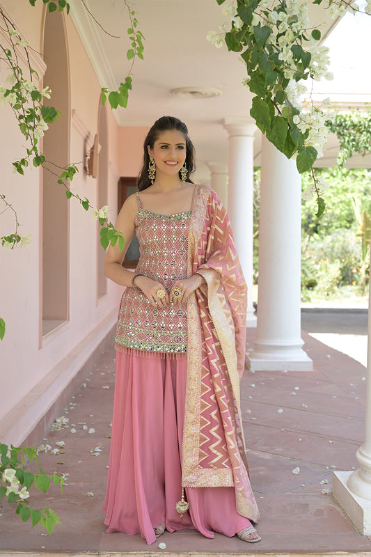 Gajari Net Readymade Sharara Set With Organza Dupatta