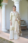 Cream Tissue Readymade Suit And Palazzo With Organza Dupatta