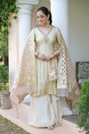 Cream Tissue Readymade Suit And Palazzo With Organza Dupatta
