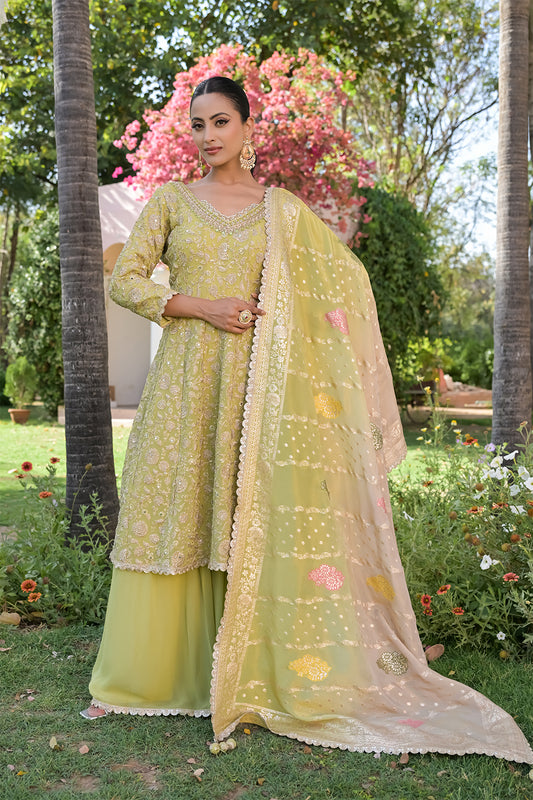 Pista Georgette Readymade Suit And Palazzo With Banarasi Silk Dupatta (Ft:-Surbhi Chandna)