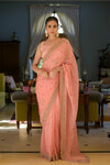 Pink Dabka, Threadwork & Zarkan Organza Saree With Unstitched Blouse