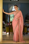 Pink Dabka, Threadwork & Zarkan Organza Saree With Unstitched Blouse