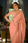 Pink Dabka, Threadwork & Zarkan Organza Saree With Unstitched Blouse