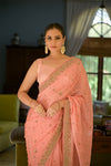 Pink Dabka, Threadwork & Zarkan Organza Saree With Unstitched Blouse