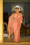 Pink Dabka, Threadwork & Zarkan Organza Saree With Unstitched Blouse