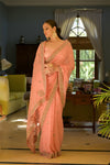 Pink Dabka, Threadwork & Zarkan Organza Saree With Unstitched Blouse