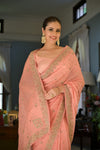 Pink Dabka, Threadwork & Zarkan Organza Saree With Unstitched Blouse