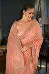 Pink Dabka, Threadwork & Zarkan Organza Saree With Unstitched Blouse