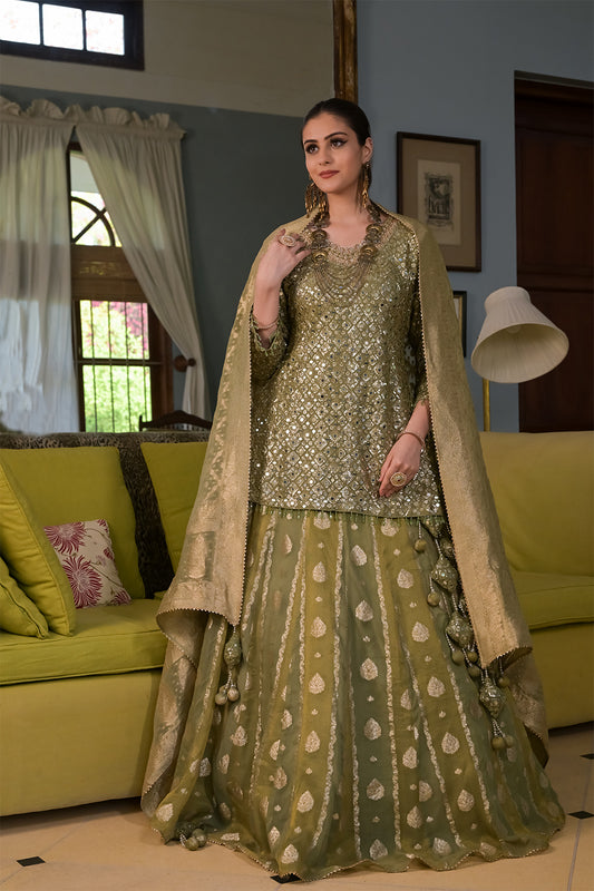 Pista Organza Readymade Lehenga Set With Georgette Dupatta