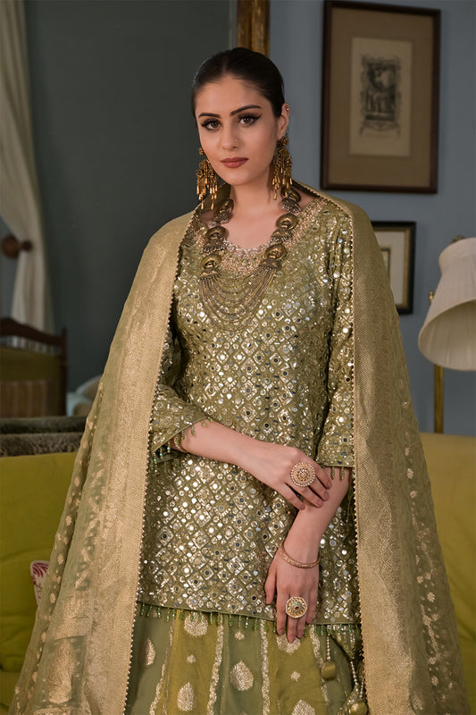 Pista Organza Readymade Lehenga Set With Georgette Dupatta