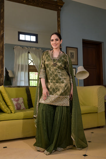 Dusty Green Dolna Readymade Sharara Set With Georgette Dupatta