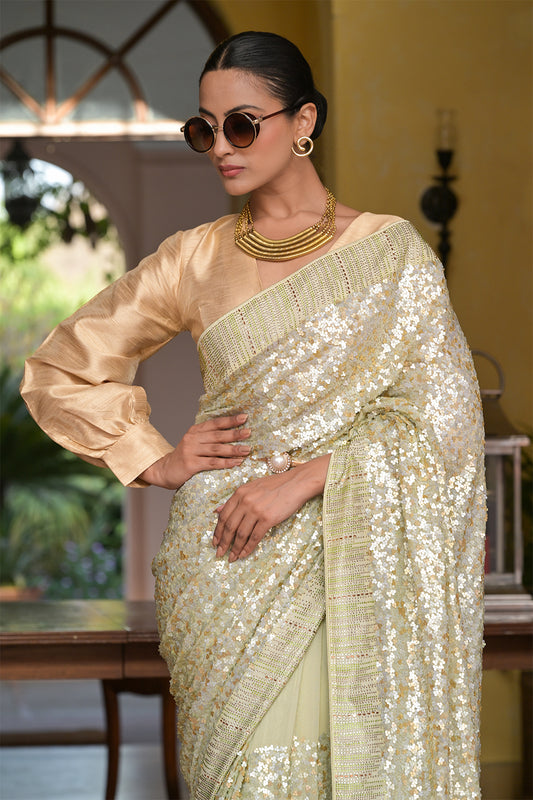Pista Sequence & Swarovski Georgette Saree With Unstitched Blouse (Ft:-Nitanshi Goel)