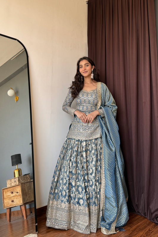 Rama Georgette Lehenga Set And Organza Tissue Dupatta With Readymade Blouse (Ft:-Review Addict)
