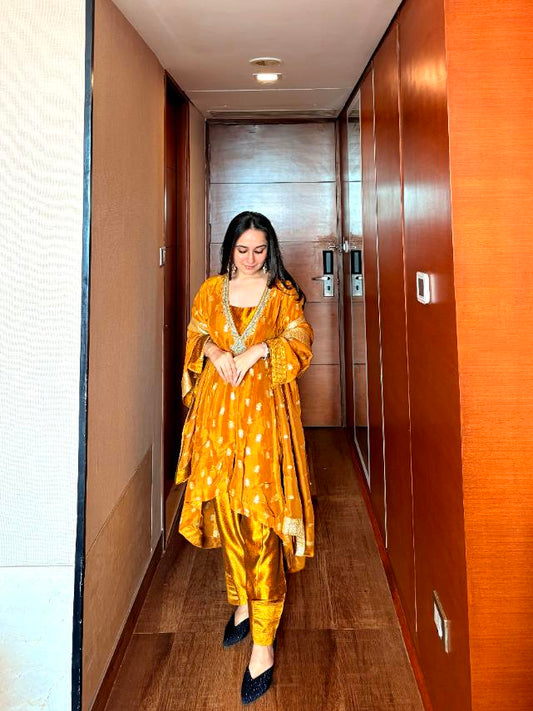 Mustard Sequence, Zari & Cutdana Organza Readymade Suit And Pant With Georgette Dupatta