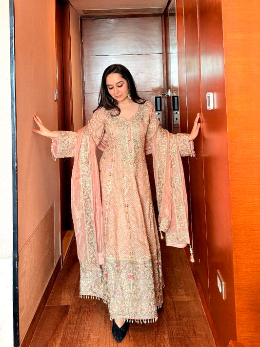 Peach Bead, Cutdana, Mirror, Zari Threadwork & Zarkan Shimmer Readymade Sharara Set With Tissue Dupatta
