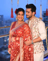Red Organza Embroidered Saree With Unstitched Blouse (Ft:-Neha Bijlani)