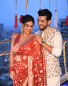 Red Organza Embroidered Saree With Unstitched Blouse (Ft:-Neha Bijlani)