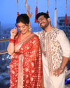 Red Organza Embroidered Saree With Unstitched Blouse (Ft:-Neha Bijlani)